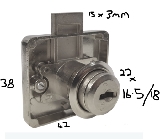 LC06 Hekna square back cupboard lock c/w 2 keys (NB 16.5 or 18mm) 